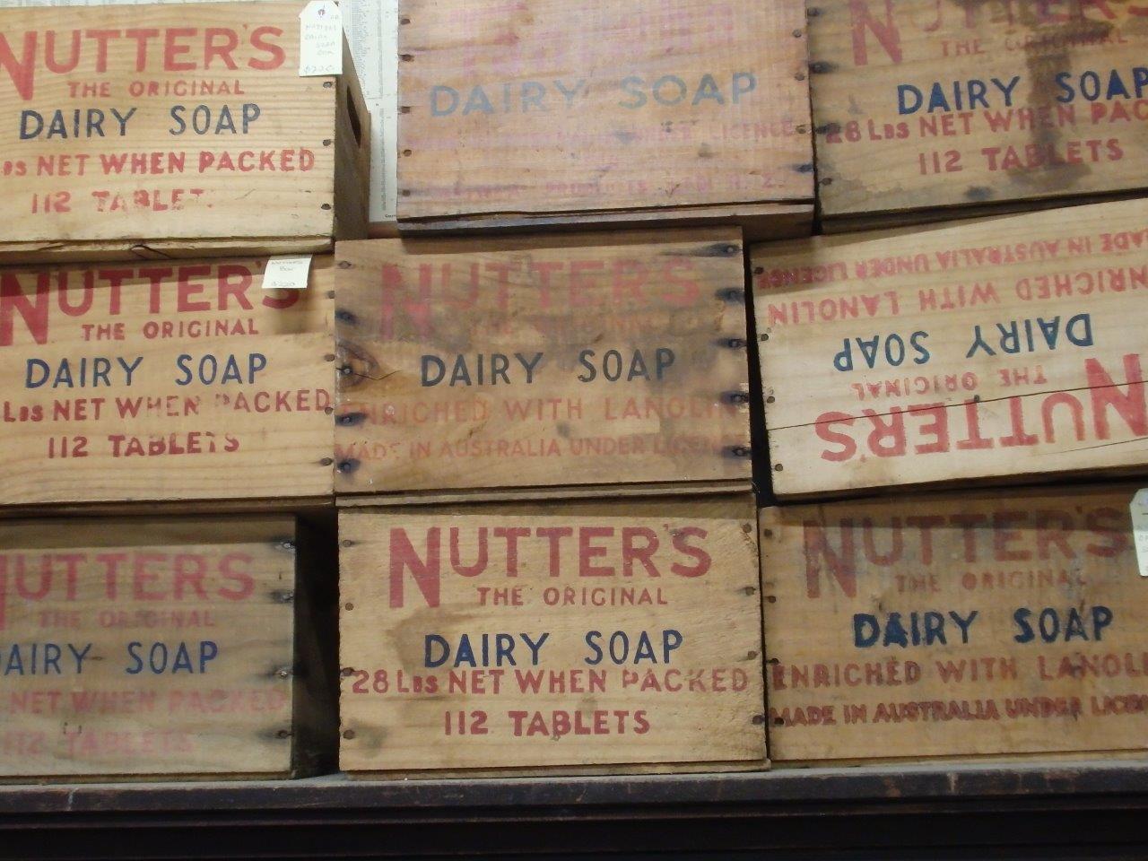 Antique Nutters dairy soap boxes for sale at Heath's Old Wares , Collectables and Industrial Antiques 19-21 Broadway Burringbar, Open 7 Days Ph 0266771181